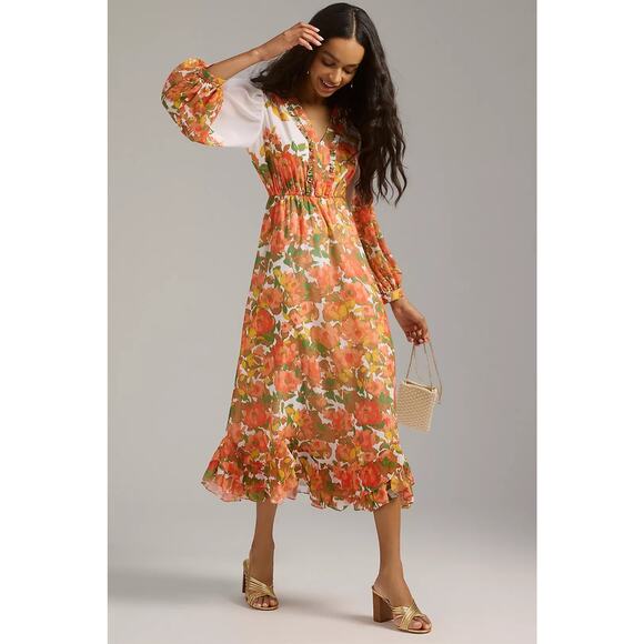 Anthropologie Vineet Bahl Floral Long-Sleeve Tiered Midi Maxi Dress - Picture 10 of 13